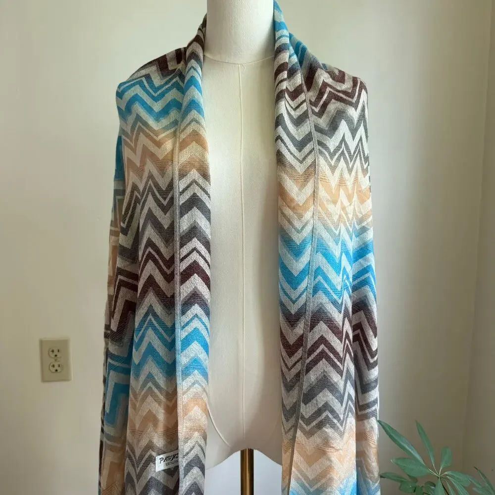 100% Pashmina Cashmere Chevron Blue Beige and Brown Scarf